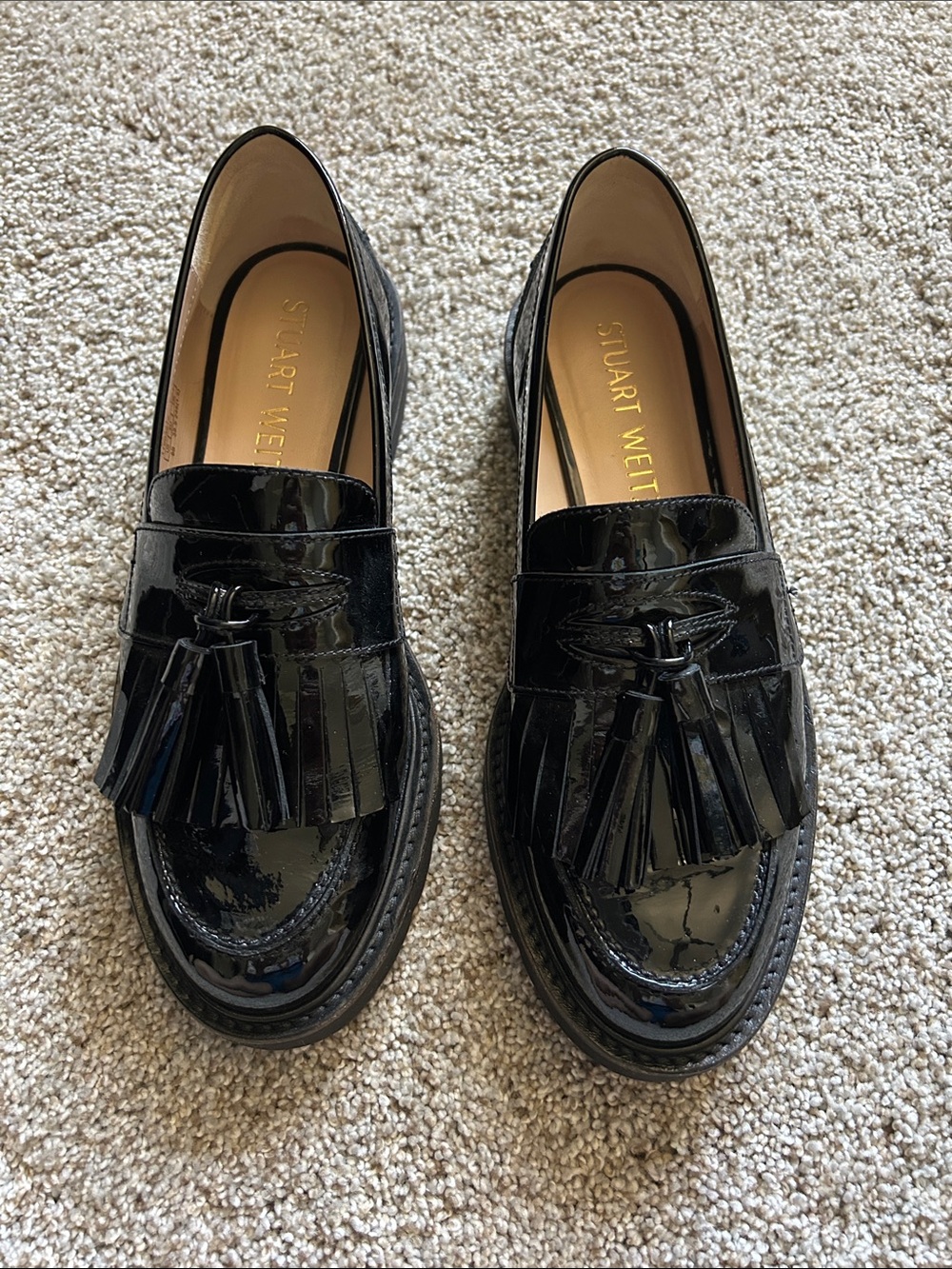 Stuart Weitzman Adrina Black Patent Tassel Loafers 8